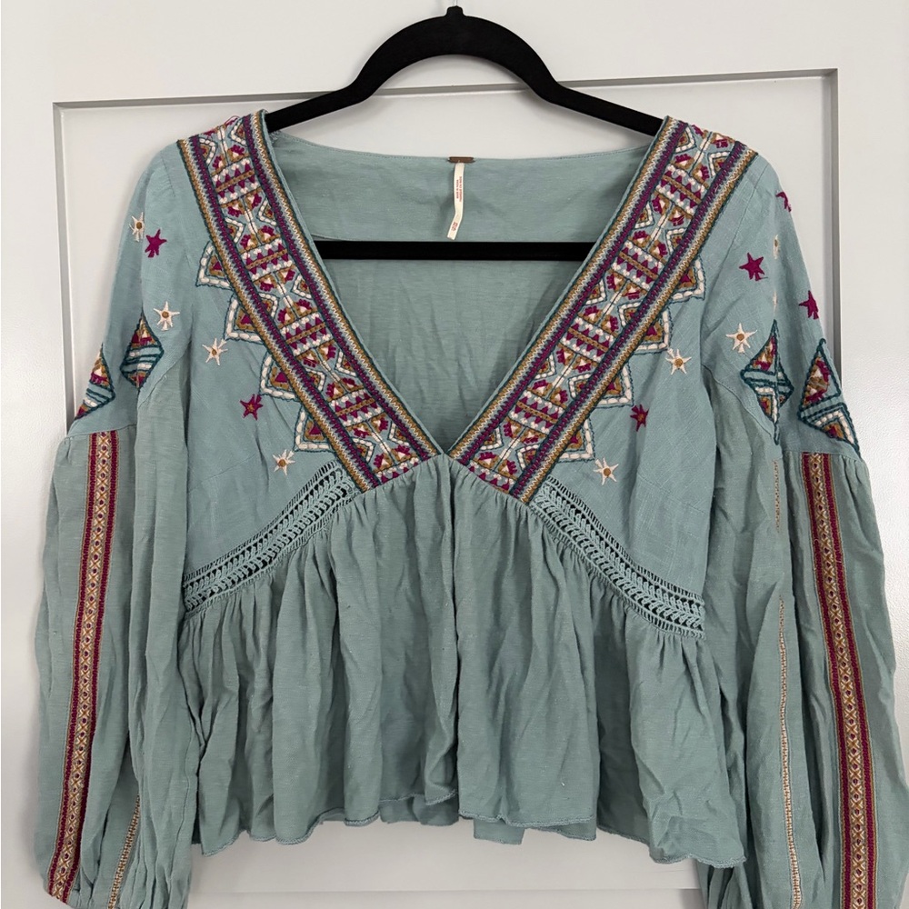 Free People Teal Embroidered V-Neck Blouse